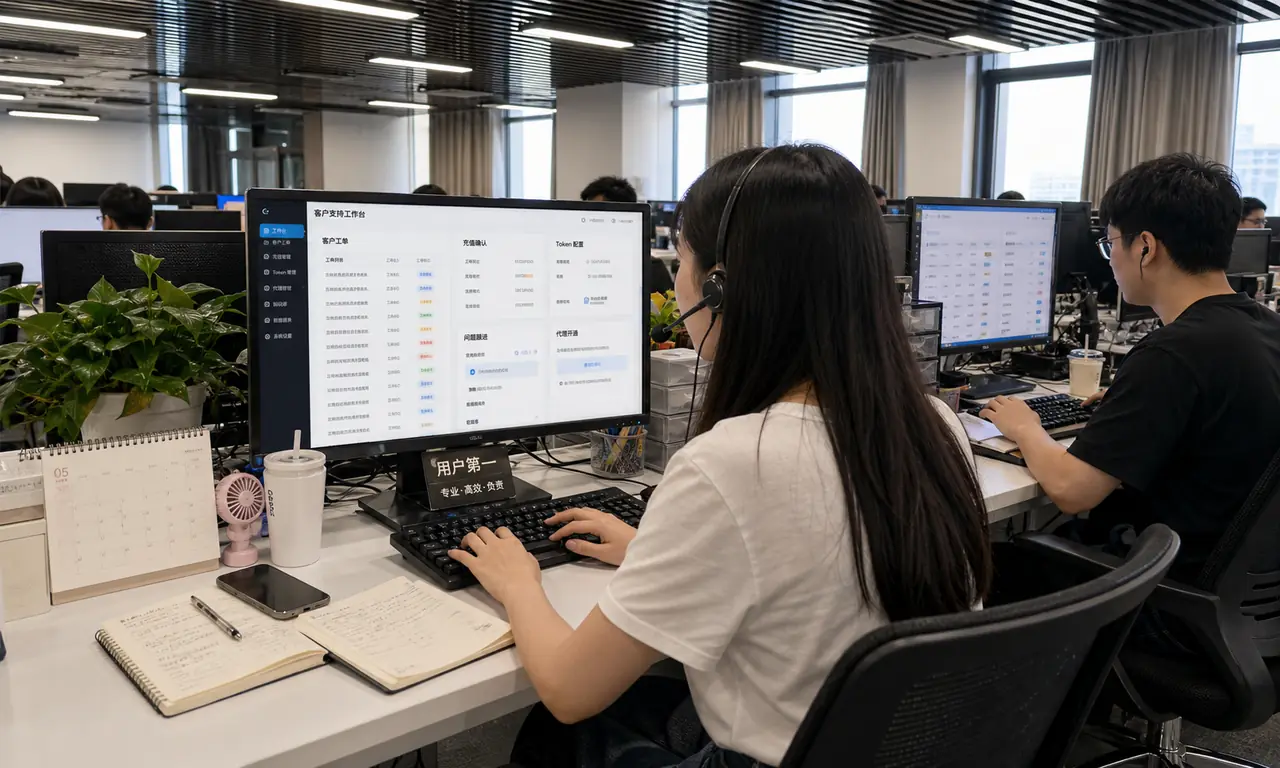 女客服人员坐在屏幕前处理客户工单和 Token 配置问题